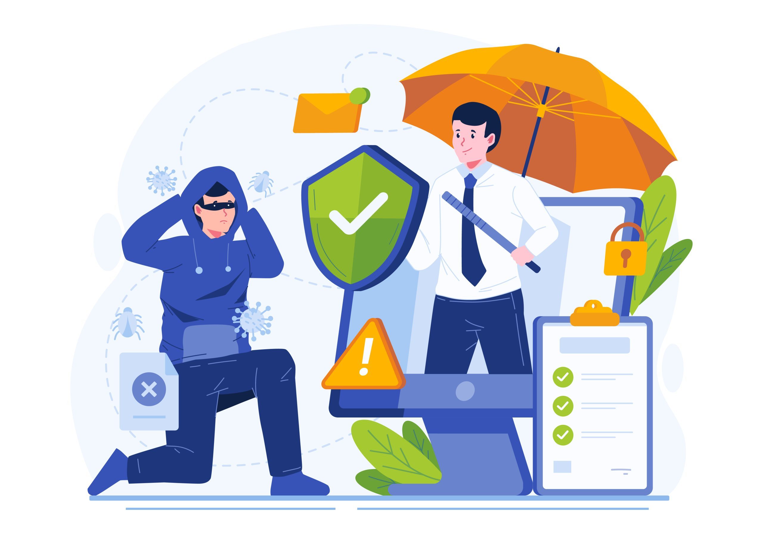 Cyber Insurance Illustration. A Male Insurance Agent Protects Da Cyber Insurance Illustration. A Male Insurance Agent Protects Data Information Against Cybercrime Risks From a Hacker