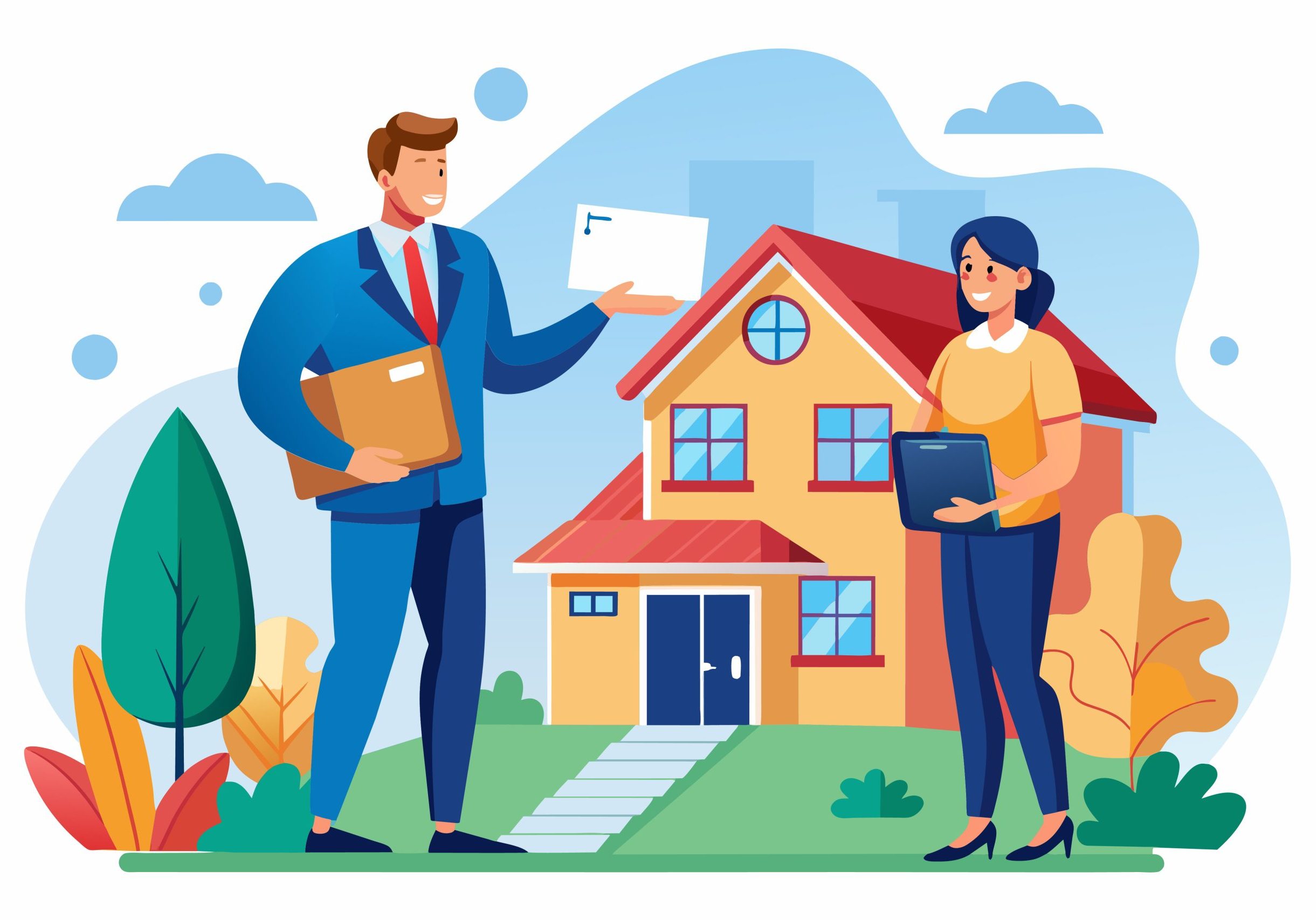 A man is finalizing the purchase of a house with a broker in a v A man is finalizing the purchase of a house with a broker in a vibrant residential area, Man buying house from broker