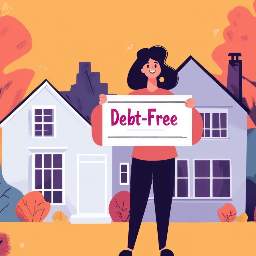 Happy woman holding "Debt-Free" sign in front of her house. Get Your Home Ready for Sale
