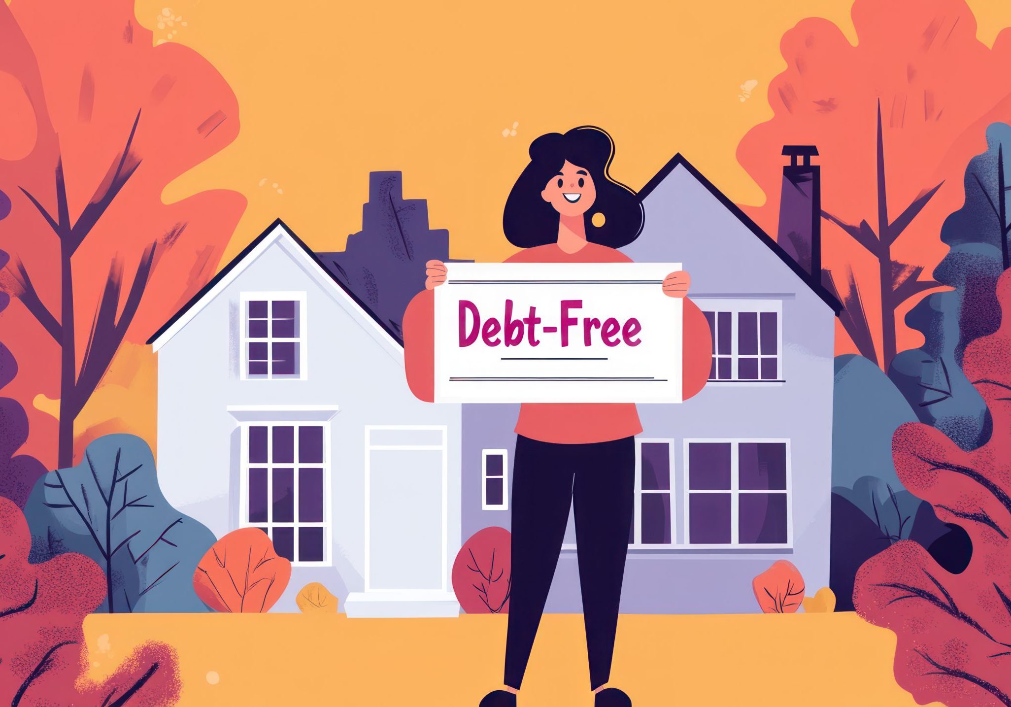Happy woman holding "Debt-Free" sign in front of her house. Get Your Home Ready for Sale
